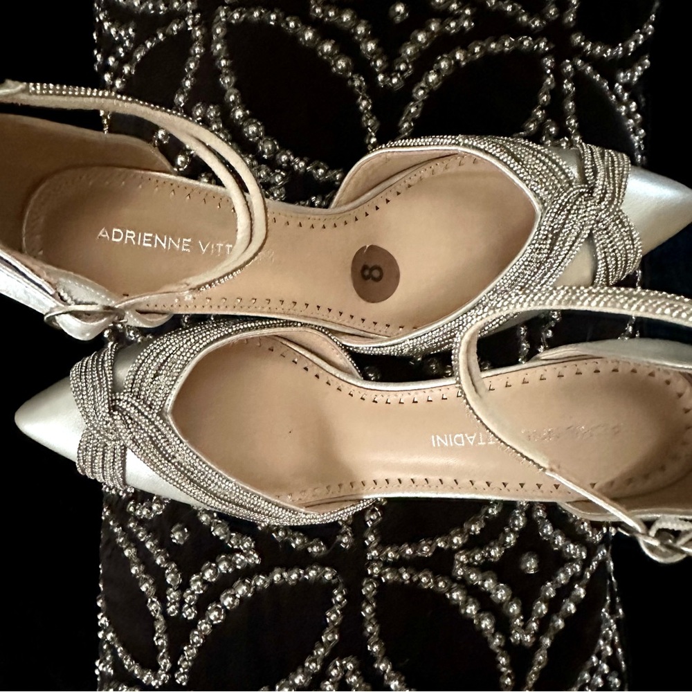 NWOT- Beautiful Adrienne Vittadini Silver Heels with Ankle Strap - 8M